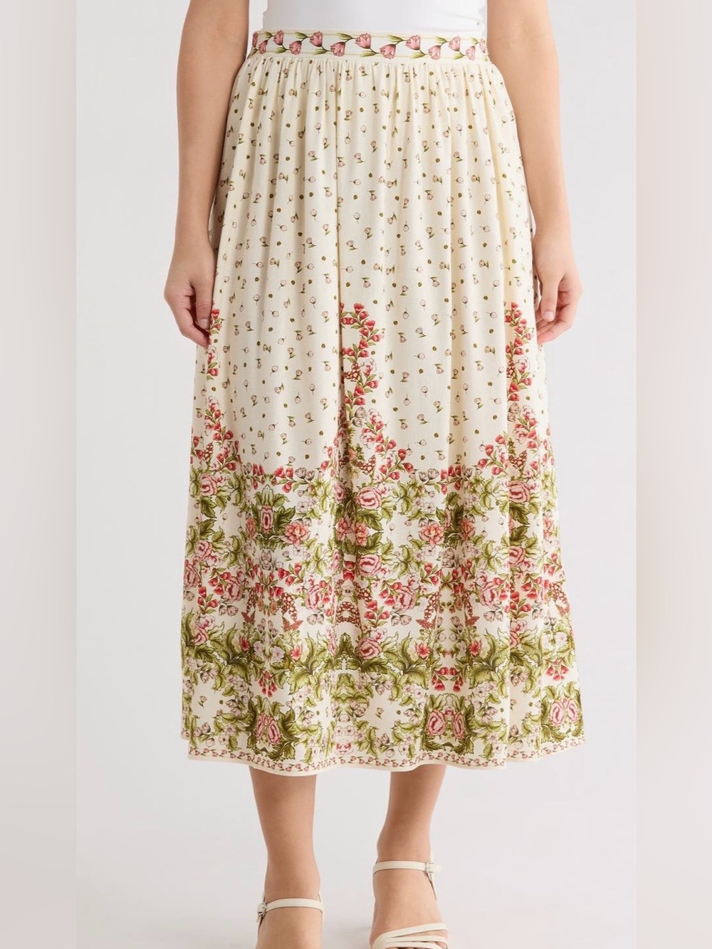 Max Studio Cream Midi Skirt with Pink & Green Floral Border XL NWT